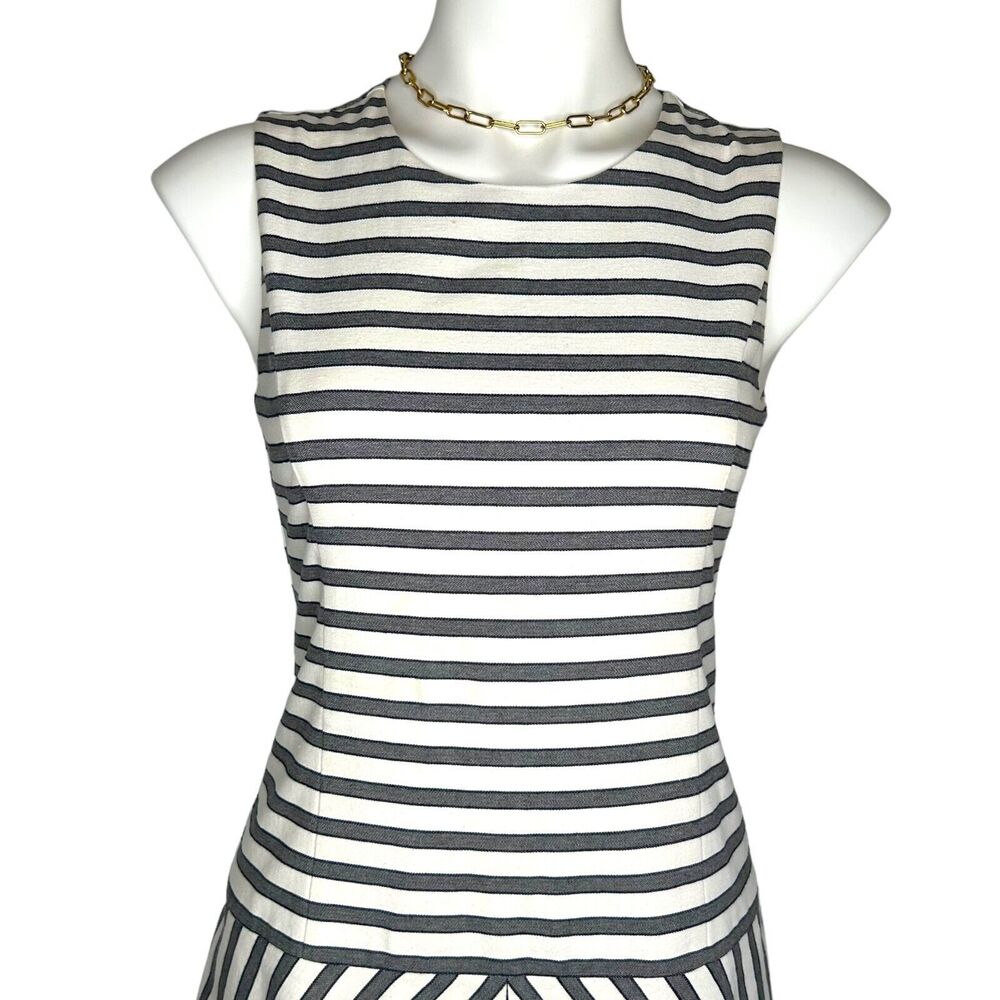 THEORY‎ Striped Fit and Flare Drop Waist Mini Dress Ivory Gray Navy Blue Size 2 - Picture 7 of 11